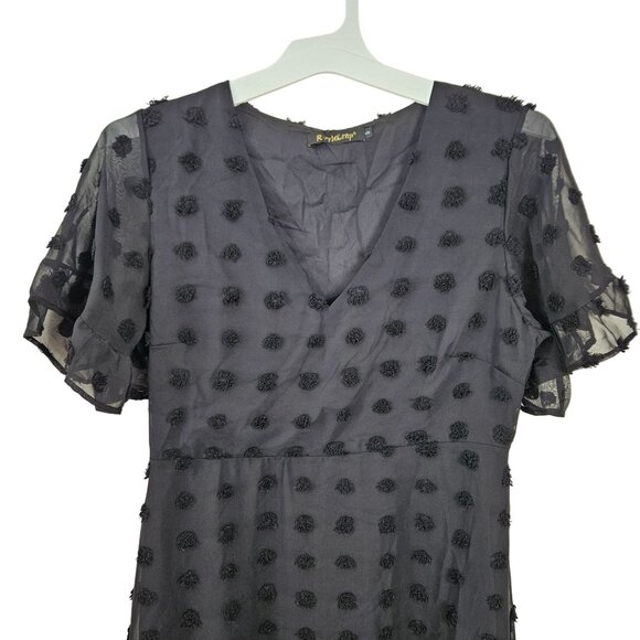Womens Size S Swiss Dot Textured Black V-Neck Mini Dress W/ Ruffle Hem Casual - Picture 4 of 12